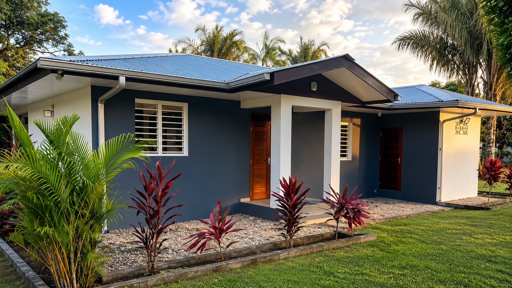 La façade contemporaine de la Villa HALIMA et son jardin tropical, de jour